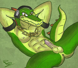 biceps big chaotix crocodile erection headphones looking_at_viewer male male_only necklace nipples nude pecs penis reptile scalie sega solo sonic_(series) spread_legs spreading vector_the_crocodile