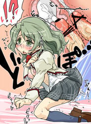 1girls 2boys anal bar_censor blush breasts censored clothed_sex clothing color cum_in_uterus disembodied_penis double_penetration female female_focus from_behind green_eyes green_hair long_hair mahou_shoujo_madoka_magica male open_clothes open_mouth penetration penis plaid_skirt school_uniform seki_(red_shine) sex shirt shizuki_hitomi skirt skirt_lift solo_focus spread_legs straight tears uterus vaginal_penetration