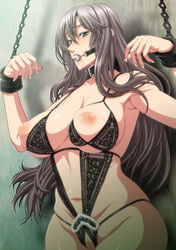 female ball_gag bondage bondage breasts choker collar cuffs gag gray_hair grey_hair huge_breasts inverted_nipples isse issei lingerie muffin_top nipples pussy restrained saliva uncensored underwear