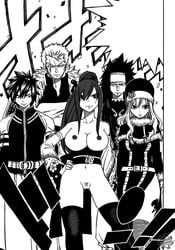 2girls 3boys breasts clothed_male_nude_female cmnf erza_scarlet fairy_tail female gajeel_redfox gray_fullbuster juvia_lockser large_breasts laxus_dreyar male manga monochrome nipples nude nude_filter photoshop pussy smile thighhighs uncensored