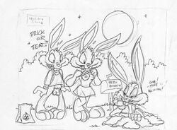 anthro babs_bunny black_and_white bottomless breasts bugs_bunny buster_bunny clothing female fur furry halloween karri_aronen lagomorph looney_tunes male mammal monochrome nipples penis rabbit shirt shirt_lift straight tiny_toon_adventures toony trick_or_treat uncensored vintage warner_brothers