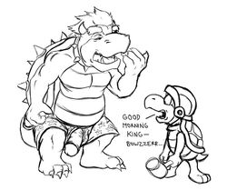 2boys anthro bowser boxers chubby flaccid_penis foreskin foreskin_folds hammer_bros. humanoid_penis intact koopa male male_only mario_(series) masculine monochrome nintendo penis penis_out retracted_foreskin sleepy surprised text toony truce uncut veiny_penis yaoi yawning