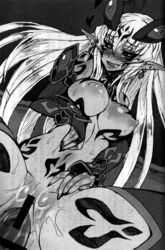 1boy 1girls black_sclera blush breasts censored cowgirl_position cum cum_inside demon_girl earrings gauntlets horns kenkou_cross large_breasts lilim_(mamono_girl_lover) long_hair monochrome monster_girl monster_girl_encyclopedia nude pointy_ears sex succubus tattoo thighhighs vaginal_penetration white_hair