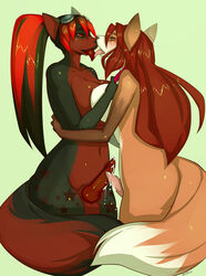 2girls anthro ass big_ass big_breasts breasts canine dickgirl dysa eyewear fox frottage fur furry goggles intersex jinxy kissing penis penises_touching petfawx precum tattoo testicles tongue tongue_out voluptuous wolf