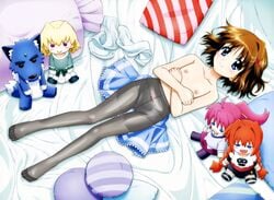 black_legwear blue_eyes breasts brown_hair character_doll cute_fang feet female flat_chest from_above hair_ornament hairclip hayate_yagami looking_at_viewer looking_up lying mahou_shoujo_lyrical_nanoha nipples no_shoes on_back panties panties_under_pantyhose pantyhose pillow shamal short_hair signum smile solo striped striped_pillow thighband_pantyhose toes vita white_panties zafira