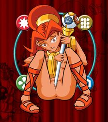 bottomless coy din jewelry looking_at_viewer midnightspook object_insertion open_toe_shoes oracle_of_ages oracle_of_seasons pointy_ears ponytail red_hair sandals smiling the_legend_of_zelda tied_hair topless