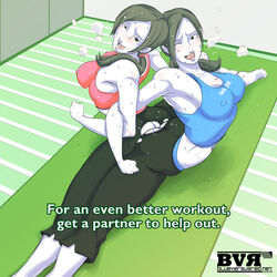 2girls alternate_clothing ass_to_ass bare_calves bare_shoulders barefoot blueversusred blush breasts calves cleavage clone erect_nipples female female/female female_focus female_only flexible human long_hair multiple_girls nintendo nipple_bulge nipples open_mouth pokies ponytail splits spread_legs super_smash_bros. sweat text tied_hair toes tribadism white_skin wii_fit wii_fit_trainer wii_fit_trainer_(female) wince yoga yoga_mat yoga_pants yuri