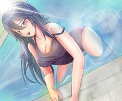 blue_eyes blue_hair blush fire_emblem fire_emblem_awakening large_breasts long_hair lucina_(fire_emblem) open_mouth pool school_swimsuit shoulder_slip swimming_pool swimsuit tongue_out wet