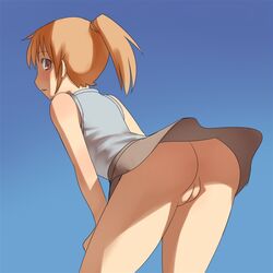 female aaaa ass blue_background blush brown_hair copyright_request looking_back no_panties pussy simple_background skirt solo upskirt