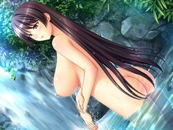 1girls 4:3 ass blue_gale breasts brown_hair character_request dutch_angle female large_breasts long_hair nature nipples nude smile solo source_request water waterfall wet