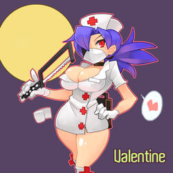 +_+ blue_hair breasts cleavage cross female gloves hair_over_one_eyes hat heart highres mask minidress ninja nurse nurse_cap open_clothes open_shirt ponytail red_eyes saw seida shirt short_hair skullgirls solo symbol-shaped_pupils tied_hair valentine_(skullgirls) weapon