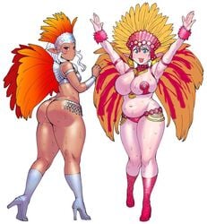 2girls alternate_costume ass ass_cleavage big_ass big_breasts bikini blonde_hair blush boots breast_grab breasts butt_crack carnival chubby cosplay curvy cute_fang dark-skinned_female dark_elf dark_skin elf elf-san_wa_yaserarenai elfuda embarrassed female gem humanoid impossible_clothes jewelry kuroeda large_breasts lingerie long_hair multiple_girls pale-skinned_female pale_skin plump pointy_ears revealing_clothes samba short_hair smile sweat sweatdrop swimsuit synecdoche thick_thighs thighs voluptuous white_background white_hair wide_hips