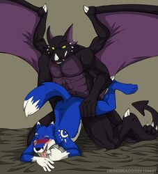 2009 anal anal_sex anthro bed blush canine crocdragon89 dragon erection fox fur furry gay male muscles no_humans nude penetration penis sex size_difference wings zeke_(crocdragon89)