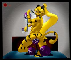 all_the_way_through anal anal_beads anthro bed breasts edit feline female fur furry gaping hyper large_insertion looking_at_viewer nipples open_mouth severus sex_toy solo yellow