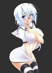 1girls antenna_hair aqua_hair black_background blue_eyes blush breasts butter-t cleavage dress glasses huge_breasts large_breasts no_bra nopan open_mouth original short_hair shy simple_background solo striped striped_legwear tear thighhighs torn_clothes