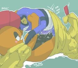 argon_vile blue_body blush croagunk english_text frottage gay male nintendo orange_body pokemon scrafty text