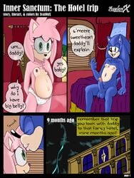 age_difference amy_rose anthro aval0nx balls blue_hair breasts chubby comic dialogue english_text erection female green_eyes hair hedgehog kissing male navel nipples nude panties penis pink_hair pregnant sega sonic_(series) sonic_the_hedgehog text underwear young