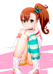 bare_shoulders blush boots brown_hair butterfly_hair_ornament censored chousoku_henkei_gyrozetter female green_eyes hair_ornament highres inaba_rinne lips long_sleeves looking_at_viewer pussy ribbon_choker short_hair shorts shorts_aside side_ponytail single_thighhigh sitting smile striped striped_legwear thighhighs undo_kuriya