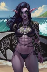 1elf 1females 1woman 2d 2d_(artwork) abs beach bikini black_hair black_lips black_lipstick breasts bust elf elf_ears l0o_art lips lipstick long_sleeves minibikini muscular_female night_elf purple_body purple_skin sea tatoos warcraft white_eyes world_of_warcraft