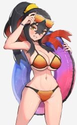 1girls alternate_breast_size alternate_hairstyle bikini black_hair breasts carmine_(pokemon) eyewear eyewear_on_head female floatie gonzarez large_breasts light-skinned_female light_skin long_hair nintendo orange_bikini orange_eyes pokemon pokemon_sv pokemon_sv_teal_mask red_hair smile sunglasses swimsuit thick_thighs two_tone_hair