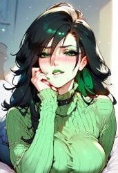 ai_generated bed biting_lip black_hair female green_eyes green_highlights green_nails green_sweater hand_on_chin horny_female jeans kim_possible long_eyelashes looking_at_viewer lying_on_stomach milf mommy ribbed_sweater shego