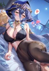 1boy 1girls aether_(genshin_impact) ai_generated bedroom horny_female layla_(genshin_impact) long_hair mihoyo naked pantyhose pleasure_face sex straight unknown_artist vaginal_penetration
