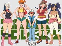 1boy 4girls adapted_costume age_difference aged_up asymmetrical_hair bandana bare_legs baseball_cap beanie bike_shorts black_hair blue_eyes blue_hair blush boots breasts brown_hair cleavage cowboy_shot creatures_(company) curvy dawn_(pokemon) denim denim_shorts game_freak glamour_works gloves green_eyes green_hair gym_leader hair_ornament hat height_difference highres iris_(pokemon) kasumi_(pokemon) large_breasts legs legs_together lento lento_(glamour_works) long_hair looking_at_viewer may_(pokemon) miniskirt multiple_girls navel nintendo nipples onee-shota open_mouth orange_hair pants pink_footwear pokemon pokemon_(anime) pokemon_(classic_anime) pokemon_bw_(anime) pokemon_dppt_(anime) pokemon_rse_(anime) ponytail red_hair red_scarf satoshi_(pokemon) scarf shirt shoes short_hair short_shorts shorts side_ponytail simple_background size_difference skirt sleeveless smile sneakers socks standing straight suspenders tank_top thick_thighs thighs underboob underwear unzipped wide_hips yellow_shirt yellow_tank_top
