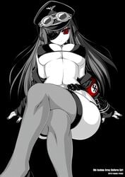 1girls 2010 belt bikini black_hair breasts erect_nipples eye_patch fanatic_fetish female goggles hat highres huge_breasts large_breasts legs_crossed military monochrome nazi red_eyes sitting solo spot_color swastika swimsuit thighhighs underboob white_skin