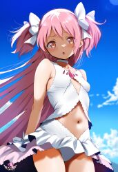 ai_generated artist_logo belly_button cute goddess hi_res long_hair madoka_kaname madoka_worship magical_girl mahou_shoujo_madoka_magica navel puella_magi_madoka_magica small_breasts solo solo_focus standing thick_thighs twintails ultimate_madoka very_long_hair yellow_eyes