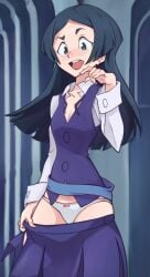 90millimetri barbara_parker black_hair blue_eyes female highres little_witch_academia panties school_uniform simple_background skirt skirt_down smile underwear witch