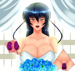 ahe_gao bouquet breasts cleavage dress egg_vibrator female flower igawa_asagi large_breasts lilith-soft nipples pointy_chin r-wade smile solo taimanin_asagi uncensored vibrator wedding_dress