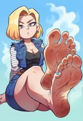 ai_generated android android_18 android_girl big_breasts black_t-shirt blonde_female blonde_hair blonde_hair blue_shirt blue_toenails blue_vest breast cartoony cleavage dirty_feet dirty_soles dragon_ball dragon_ball_z earrings feet feet foot_fetish foot_worship no_background scarlethblood shirt sitting smell smelly_feet stink_fumes stinky_feet toenail_polish toes vest wrinkled_feet wrinkled_soles