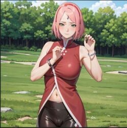 1girls ai_generated boruto:_naruto_next_generations female female_only green_grass human pink_hair_female sakura_haruno solo tagme tree