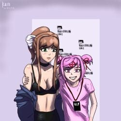 2girls arm_around_shoulder arm_grab assertive_female blush bra brown_hair choker cleavage collarbone crop_top doki_doki_literature_club dominant_female exposed_shoulders female female_only green_eyes grinning_at_viewer human humiliation imminent_humiliation kainlarsen meme midriff_baring_shirt monika_(doki_doki_literature_club) multiple_girls natsuki_(doki_doki_literature_club) parody pigtails pink_eyes pink_hair ponytail_female red_ribbon_in_hair shiny_skin squeezing_shoulder submissive_female tana_mongeau trolling white_ribbon