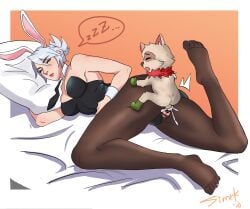 1boy 1girls animal_genitalia animal_penis balls balls_deep battle_bunny_riven black_legwear bunny_ears bunny_girl bunny_tail bunnysuit clothed clothed_female_nude_male cum cum_in_pussy cum_inside female from_behind from_behind_position furry larger_female laying_down laying_on_bed league_of_legends league_of_legends:_wild_rift male muscular muscular_female panties_aside pantyhose penis penis_in_pussy perching_position ripped_clothing riven sex sleep_sex sleeping small_penis smaller_male stealth_sex straight teemo teemo_(lol) teemo_the_yiffer tiny_male tiny_penis torn_clothes torn_legwear torn_pantyhose uncensored vaginal_penetration yordle yordle_on_human