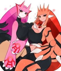 2girls alternate_color anthro big_breasts black_eyes breasts_to_breasts clothed clothing female female_only generation_3_pokemon groudon hi_res kyogre legendary_pokemon looking_at_viewer narrowed_eyes nintendo pokemon pokemon_(species) pokemorph smiling smiling_at_viewer thick_thighs toge77789 togetoge white_background yellow_sclera