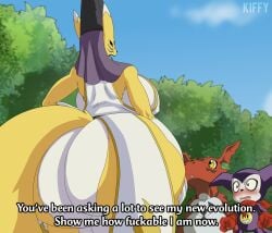 1girls 2024 2boys 2boys1girl absurd_res ass bandai_namco blue_eyes blush breasts breasts_bigger_than_head dat_ass dialogue digimon digimon_(species) digimon_tamers fox furry giant_ass green_eyes guilmon huge_ass huge_breasts hyper hyper_ass impmon kiffy_(artist) larger_female low_angle open_mouth purple_skin red_skin tail taomon trio white_fur yellow_eyes yellow_fur