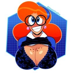 1girls 2d 2d_(artwork) 2d_artwork atomickingboo blue_eyes blush bra breasts cleavage earrings female female_only freckles freckles_on_breasts freckles_on_face glasses hair orange_hair shirt shirt_lift smile smile_at_viewer smiling smiling_at_viewer solo tagme terra_mandrile twintails