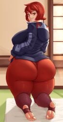 arezu_(pokemon) ass breasts dotil female hair hoodie huge_ass huge_butt huge_thighs looking_at_viewer looking_back looking_back_at_viewer on_knees pokemon red_eyes red_hair red_pants smile smile_at_viewer smiling smiling_at_viewer tagme thick thick_ass thick_butt thick_hips thick_legs thick_thighs
