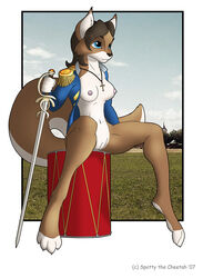 2007 anthro blue_eyes breasts brown canine drum female fur furry hair nipples pussy solo spotty_the_cheetah sword uniform weapon