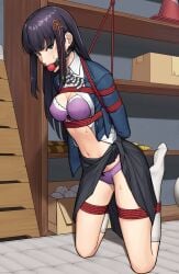 2d 2d_(artwork) atlus ball_gag black_hair blush blush bondage bondage bondage bound bra breasts female female_focus female_only gagged gbeeee hifumi_togo human humanoid looking_at_viewer on_knees panties persona persona_5 purple_bra purple_panties school_uniform schoolgirl sega skirt submissive submissive_female thighs video_game