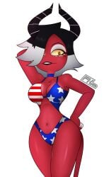 background bikini bikini_bottom bikini_top demon demon_girl demon_horns demon_tail female female_focus female_only fkimnsfw helluva_boss imp lucy_(helluva_boss) punk punk_girl punk_hair red_body red_skin tail usa_bikini vivienne_medrano yellow_sclera