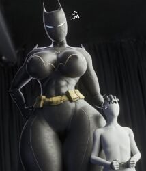 1boy 1girls 3d 3d_(artwork) anonymous_male batgirl batgirl_(cassandra_cain) big_boobs big_breasts boobs breasts cassandra_cain dc dc_comics dominant dominant_female giantess hand_on_head hand_on_hip handcuffs height_difference heroine larger_female size_difference smaller_male thick_thighs thighs wotm8h8