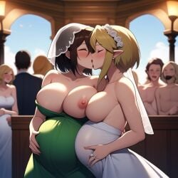 ai_generated blonde_hair breasts_out happy_ending kissing link married_couple pregnant rule_63 the_legend_of_zelda wedding_dress wedding_ring wedding_veil wife_and_wife yuri