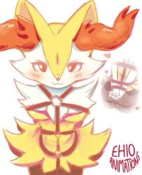 ass_focus back back_view blush bondage bondage_harness braixen breasts digital_drawing_(artwork) digital_media_(artwork) ehioanimations looking_at_viewer nintendo pokemon_(species) pokemon_xy pussy_juice pussy_juice_drip smiling smiling_at_viewer