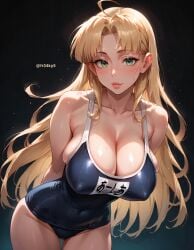 ai_generated asia_argento blonde_hair blue_mizugi fr34ky high_school_dxd huge_breasts leaning_forward mizugi sukumizu swimsuit