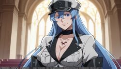 ai_generated akame_ga_kill! blue_eyes blue_hair breasts chest_tattoo choker cleavage clothing esdeath female female_only hair_between_eyes hat headwear huge_breasts indoors large_breasts lips long_hair looking_at_viewer military military_hat military_uniform peaked_cap smile solo tattoo text uniform upper_body very_long_hair window wodstudio