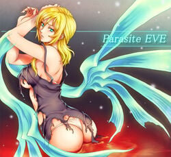 1girls ass aya_brea bare_shoulders blonde_hair blue_eyes bra breasts clothing female long_hair panties parasite_eve parted_lips solo strap_slip title_drop torn_clothes toshinohaya underboob underwear white_bra white_panties