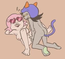 2girls alien alien_humanoid black_hair black_hair_female breast breasts cat_tail color colored colored_skin curly_hair curly_hair_female female female_focus female_only grey_skin homestuck homestuck_troll horn horns humanoid multiple_girls nepeta_leijon nude nude_female nudity pink_hair roxy_lalonde roxy_strider roxystriderdick short_hair short_hair_female troll yuri