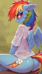 1girls ai_generated anthro ass blush bottomless bottomless_female female female_only friendship_is_magic hasbro looking_back my_little_pony pony rainbow_dash_(mlp) scalieton self_upload sitting smile wet_body wet_clothes wet_shirt